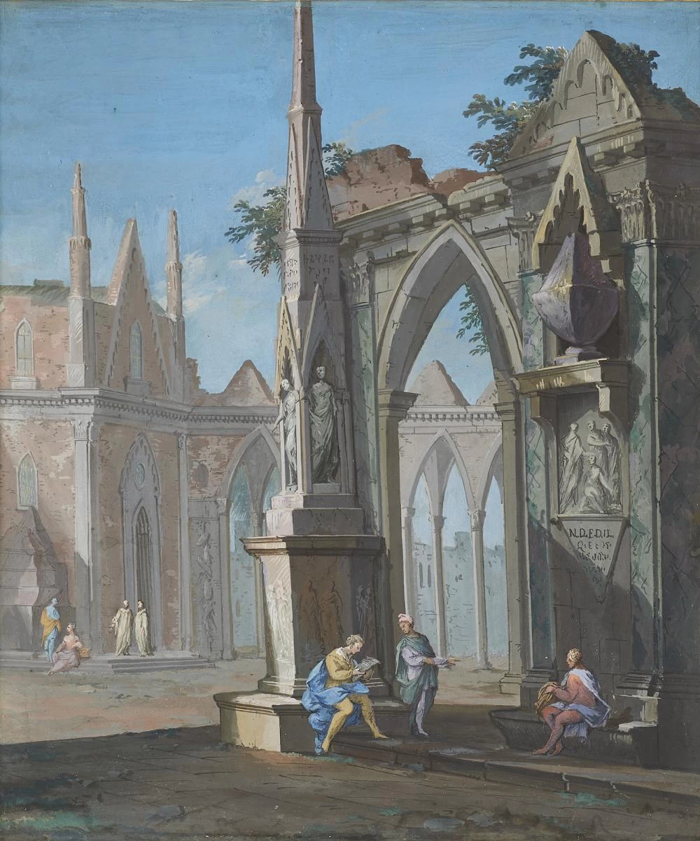 Capriccio architettonico con rovine gotiche e figure - attribuito
